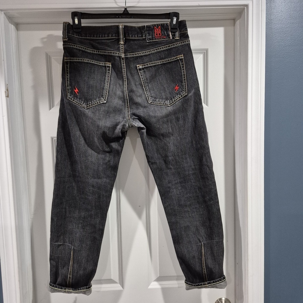Mbbcar Jeans Mens 34x28 Selvedge Washed Black Denim Tapered *REPAIRED Selvage
